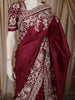 Deep Wine Floral Thread Embroidered Design Pure Tussar Saree with Designer Border