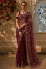 Deep Wine Floral Vine Sequins Embroidered Design Net Party Wear Saree with Designer Border