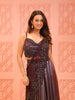 Deep Wine Floral Vine Sequins and Beads Embroidered Design Holographic Indo Western Lehenga with Draped Dupatta
