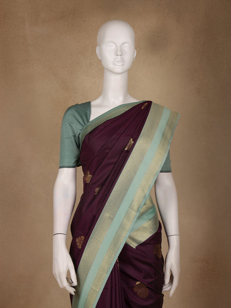 Deep Wine Floral Woven Soft Silk Saree with Sea-Green Contrast Border - Diadem
