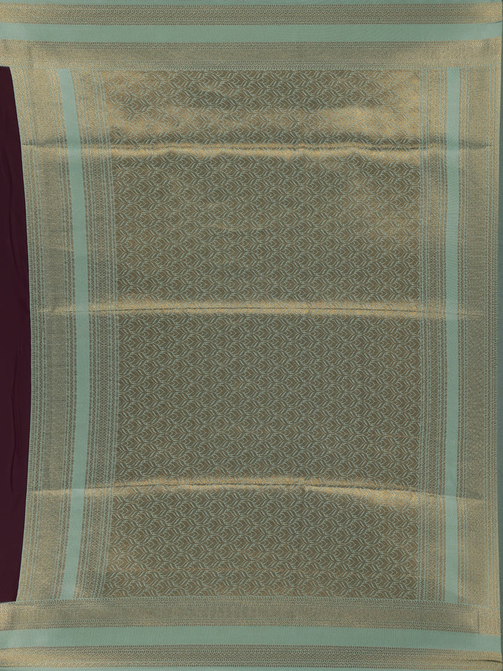 Deep Wine Floral Woven Soft Silk Saree with Sea-Green Contrast Border - Diadem