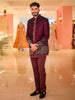 Deep Wine Geometric Embroidered Design Velvet Men's Sherwani Suit with Matching Pant