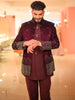 Deep Wine Geometric Embroidered Design Velvet Men's Sherwani Suit with Matching Pant