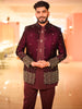 Deep Wine Geometric Embroidered Design Velvet Men's Sherwani Suit with Matching Pant
