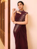 Deep wine embroidered satin draped saree