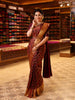 Deep Wine Horizontal Striped Floral Vine Zari Woven Design Pure Kanchipuram Silk Wedding Saree with Zari Border