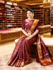 Deep Wine Horizontal Striped Floral Vine Zari Woven Design Pure Kanchipuram Silk Wedding Saree with Zari Border
