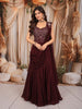 Deep Wine Leaf Sequins and Beads Embroidered Design Satin Ready to Wear Draped Saree with Corset Blouse