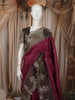 Deep Wine Magenta Floral Zari Embroidered Design Pure Tussar Silk Fancy Saree with Contrast Scalloped Border