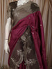 Deep Wine Magenta Floral Zari Embroidered Design Pure Tussar Silk Fancy Saree with Contrast Scalloped Border