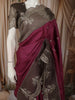 Deep Wine Magenta Floral Zari Embroidered Design Pure Tussar Silk Fancy Saree with Contrast Scalloped Border