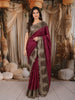 Deep Wine Magenta Floral Zari Embroidered Design Pure Tussar Silk Fancy Saree with Contrast Scalloped Border