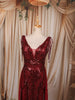 Deep Wine Maroon Abstract Sequins Embroidered Design Fish Cut Sequins Fabric Party Wear Gown with Cape Sleeve