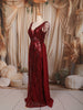 Deep Wine Maroon Abstract Sequins Embroidered Design Fish Cut Sequins Fabric Party Wear Gown with Cape Sleeve