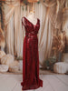 Deep Wine Maroon Abstract Sequins Embroidered Design Fish Cut Sequins Fabric Party Wear Gown with Cape Sleeve