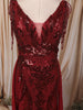 Deep Wine Maroon Abstract Sequins Embroidered Design Fish Cut Sequins Fabric Party Wear Gown with Cape Sleeve