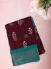 Deep Wine Maroon Floral Butta Printed Design Mixed Cotton Saree with Contrast Teal Zari Woven Border
