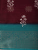 Deep Wine Maroon Floral Butta Printed Design Mixed Cotton Saree with Contrast Teal Zari Woven Border