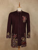 Deep Wine Maroon Floral Thread Embroidered Design Polynosic Sherwani Suit