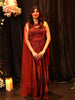 Deep Wine Maroon Geometric Sequins and Beads Embroidered Design Satin Party Wear Gown with Sheer Dupatta