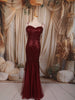 Deep Wine Maroon Heavy Sequins Embroidered Design Sequins Fabric Party Wear Fish Cut Gown with Draped Beaded Shoulder Chains