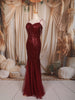 Deep Wine Maroon Heavy Sequins Embroidered Design Sequins Fabric Party Wear Fish Cut Gown with Draped Beaded Shoulder Chains