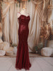 Deep Wine Maroon Heavy Sequins Embroidered Design Sequins Fabric Party Wear Fish Cut Gown with Draped Beaded Shoulder Chains