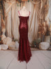 Deep Wine Maroon Heavy Sequins Embroidered Design Sequins Fabric Party Wear Fish Cut Gown with Draped Beaded Shoulder Chains
