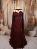 Deep Wine Maroon Heavy Sequins and Beads Embroidered Design Net Mermaid Bridal Lehenga and Off Shoulder Corset Blouse  with Matching Choker Dupatta