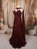 Deep Wine Maroon Heavy Sequins and Beads Embroidered Design Net Mermaid Bridal Lehenga and Off Shoulder Corset Blouse  with Matching Choker Dupatta