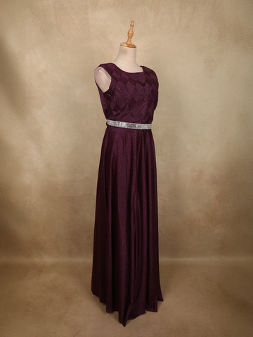 Deep Wine Maroon Textured Design Shimmer Pleated Party Wear Gown with Embellished Waist Belt