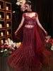 Deep Wine Maroon Vertical Striped Sequins and Beads Embroidered Net Mermaid Lehenga with Matching Choker  Dupatta