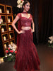 Deep Wine Maroon Vertical Striped Sequins and Beads Embroidered Net Mermaid Lehenga with Matching Choker  Dupatta