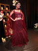 Deep Wine Maroon Vertical Striped Sequins and Beads Embroidered Net Mermaid Lehenga with Matching Choker  Dupatta