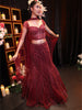 Deep Wine Maroon Vertical Striped Sequins and Beads Embroidered Net Mermaid Lehenga with Matching Choker  Dupatta