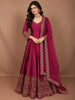 Deep Wine Paisley Sequins and Zari Embroidered Design Semi Silk Long Anarkali Gown with Matching Dupatta