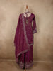Deep Wine Plum Purple Floral Sequins and Zari Embroidered Design Tissue Organza Lehenga With Dupatta