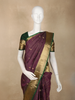 Deep Wine Purple Checked Woven Design Kanchipuram Silk Saree with Contrast Green Zari Border