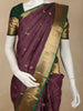 Deep Wine Purple Checked Woven Design Kanchipuram Silk Saree with Contrast Green Zari Border