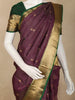 Deep Wine Purple Checked Woven Design Kanchipuram Silk Saree with Contrast Green Zari Border
