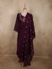 Deep Wine Purple Floral Sequins and Beads Embroidered Design Cotton Anarkali Salwar Suit