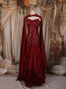 Deep Wine Red Abstract Sequins and Thread Embroidered Design Satin Party Wear Layered Ruffle Hem Mermaid Lehenga with Cape Sleeves
