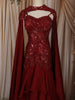 Deep Wine Red Abstract Sequins and Thread Embroidered Design Satin Party Wear Layered Ruffle Hem Mermaid Lehenga with Cape Sleeves