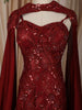 Deep Wine Red Abstract Sequins and Thread Embroidered Design Satin Party Wear Layered Ruffle Hem Mermaid Lehenga with Cape Sleeves