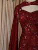Deep Wine Red Abstract Sequins and Thread Embroidered Design Satin Party Wear Layered Ruffle Hem Mermaid Lehenga with Cape Sleeves