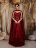 Deep Wine Red Abstract Sequins and Thread Embroidered Design Satin Party Wear Layered Ruffle Hem Mermaid Lehenga with Cape Sleeves