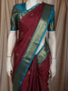 Deep Wine Red Mini Checked Zari Woven Design Pure Kanchipuram Silk Saree with Contrast Zari Border