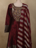Deep Wine Sequins and Zardozi Embroidered Design Silk Anarkali Gown with Striped Dupatta