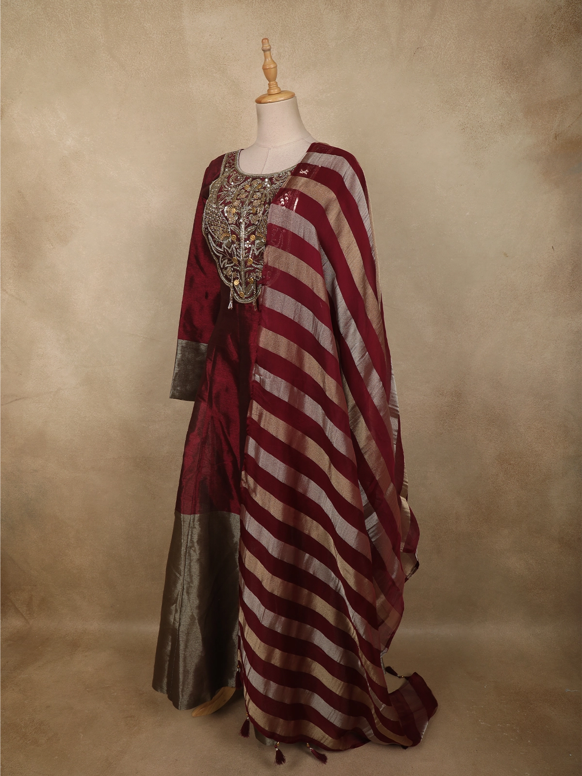 Deep Wine Sequins and Zardozi Embroidered Design Silk Anarkali Gown with  Striped Dupatta