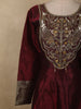 Deep Wine Sequins and Zardozi Embroidered Design Silk Anarkali Gown with Striped Dupatta